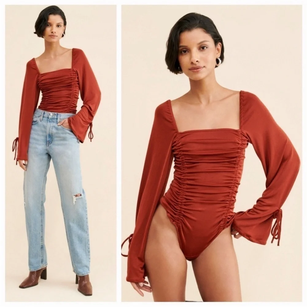 NEW Free People Meant To Be Ruched Bodysuit Cherry Chai Rust Red XL